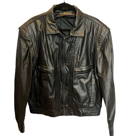 Men's Black Leather Jacket Waist Length Size 44 Bomber - Picture 1 of 12